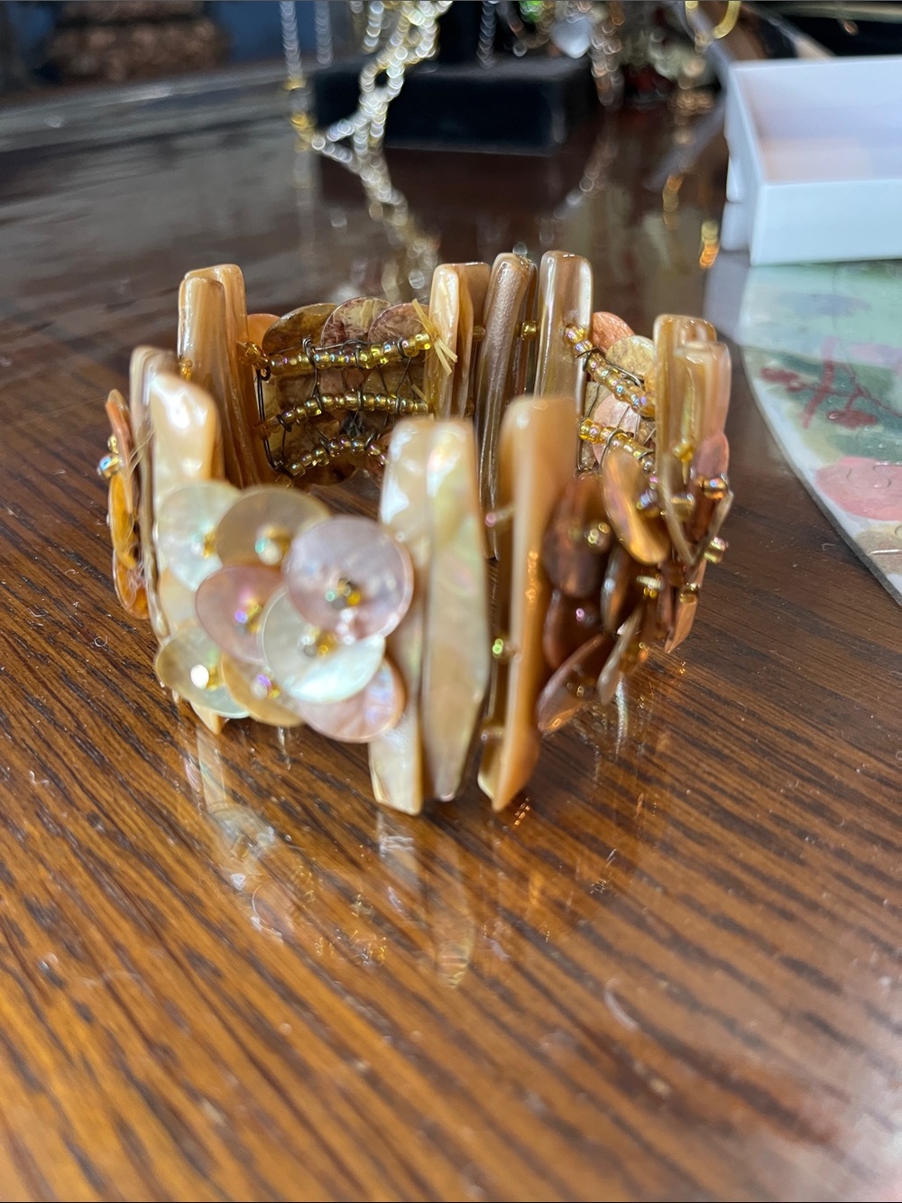 Shell Button Stretch Bracelet - Tan Pearlescent Beads - Picture 3 of 4